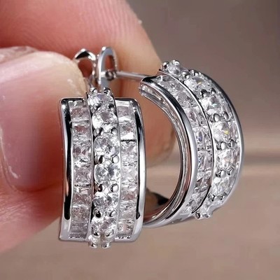 2 Ct Round Cut Real Moissanite Women Huggie Hoop Earrings 14K White Gold Plated