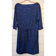 H by Halston Blue Black Animal Print Boat Neck Drawstring Waist Midi Dress XXS