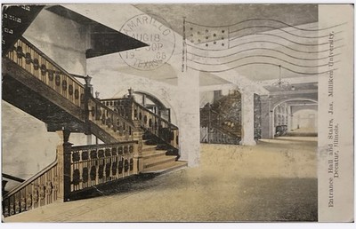 Decatur Illinois IL Postcard 1908 Posted Jas. Milliken University Entrance Hall