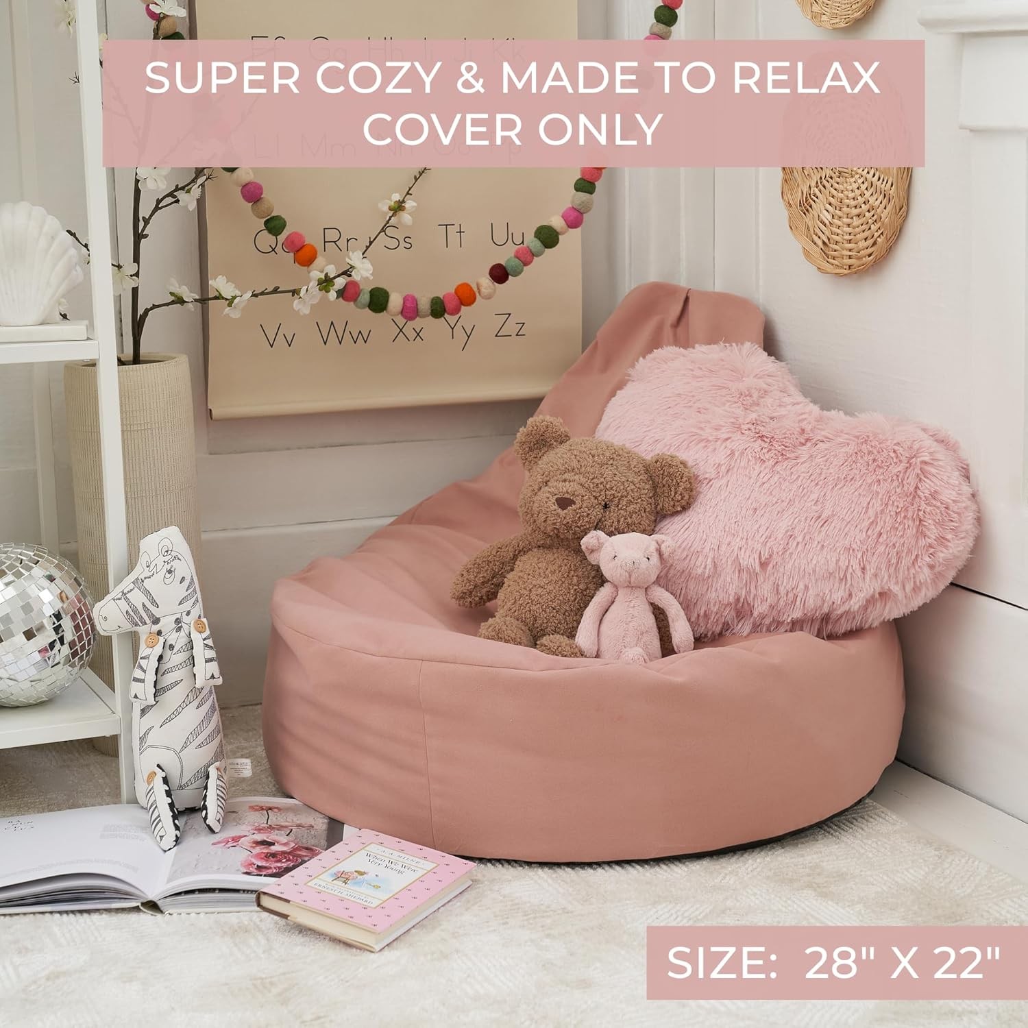 ZICOTO Stuffed Animal Storage Bean Bag Chair Cover for Kids - Easily Pink 