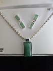 Necklace and Pierced Earring Set - Silver Tone Rope w/  Green Jade Pendant — photo 3
