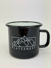 Platzangst Emaille Becher Tin Mug schwarz mit Berg Motiv Camping Tasse