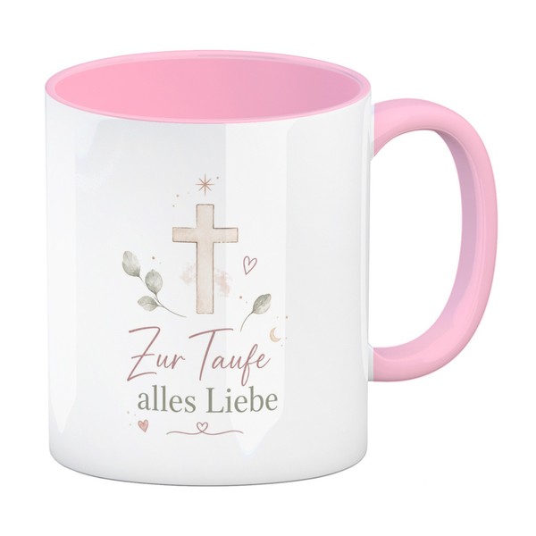 Kaffeebecher In Rosa Zur Taufe Alles Liebe - Kreuz Tasse Mit Spruch: Alles-image