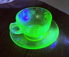 Green UV Green Depression Glass Cup & Saucer~2 Pieces ~ Beautiful 