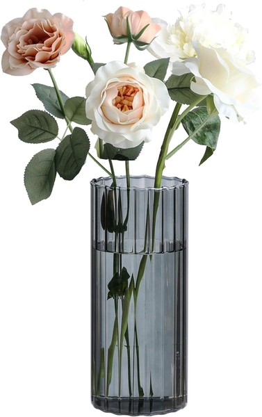 Vasen Deko Glas Mini Blumenvase Zylinder Rund 20 Cm Hoch Grau FüR Tulpen Rosen-image