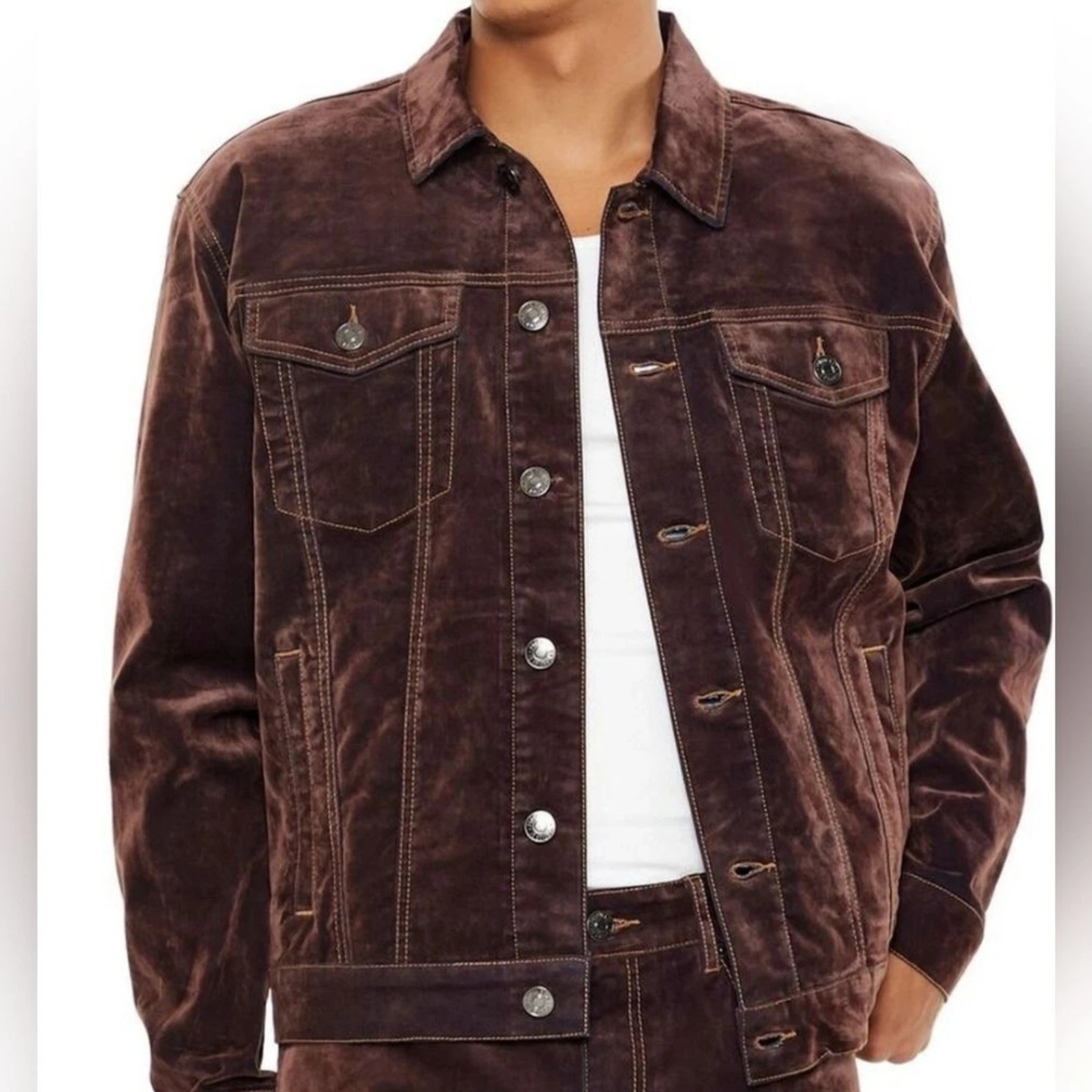Rare Men's Forever 21 Brown Denim Jacket XXL Faux Suede Textured