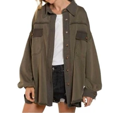 POL French Terry Button Down Oversized Distressed Shacket Olive Green medium