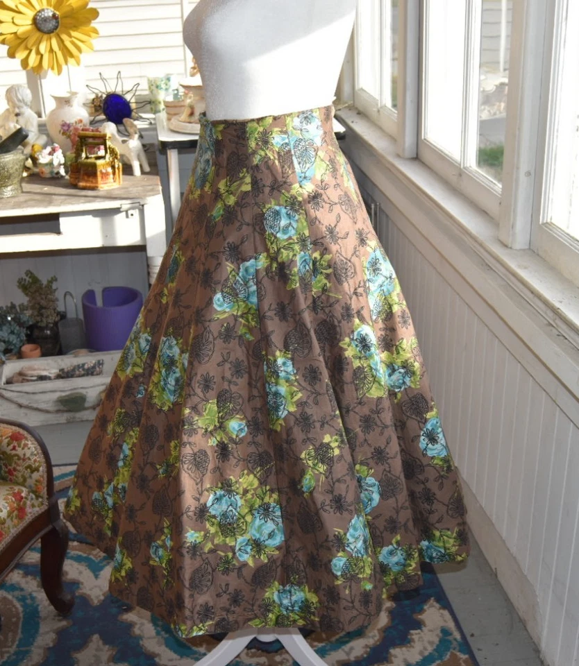 Falda Círculo Completo Floral Vintage Años 50 Marrón y Verde Hasta la Media Pantorrilla Talla XS Foto 4 de 4