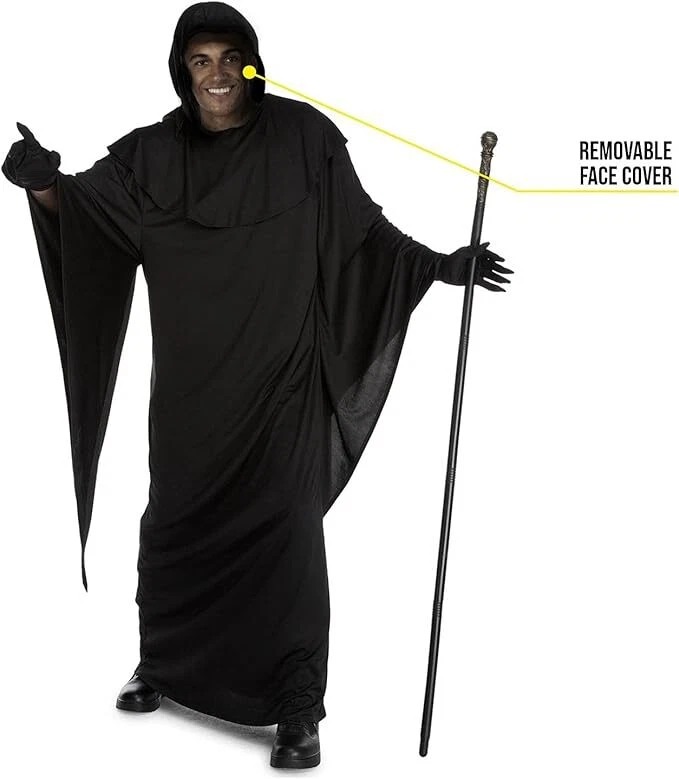 Men`s Grim Reaper Costume Adult Scary Hooded Death Robe & Gloves Halloween - Image 4 of 4