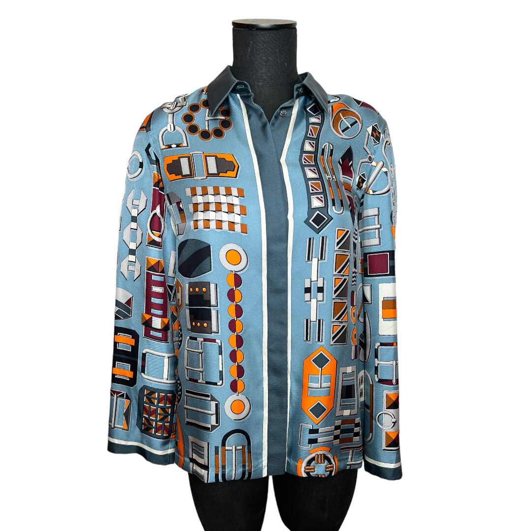 Hermes NWT Luxurious Silk Twill Buckles Blouse Shirt Size 38 Made In France