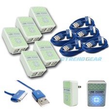 5X 4 USB PORT WALL ADAPTER 3FT CABLE POWER CHARGER BLUE FOR IPHONE 4S IPOD IPAD
