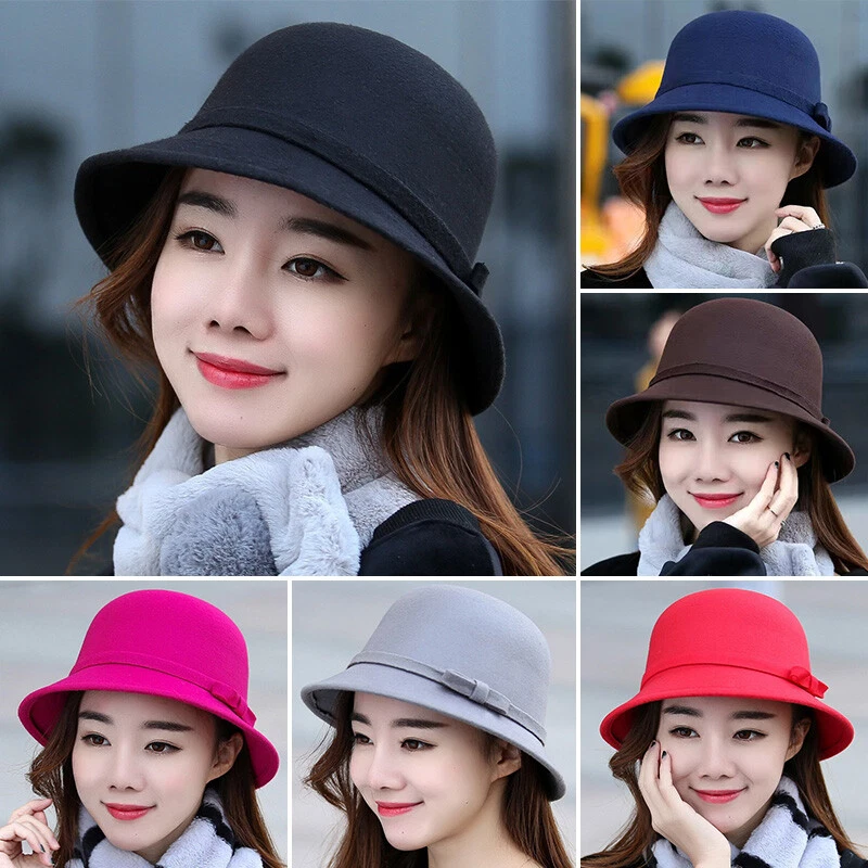 Winter Hats Women Bucket Cap Vintage Wool Felt Bowler Fedora Floppy Cloche  Hat