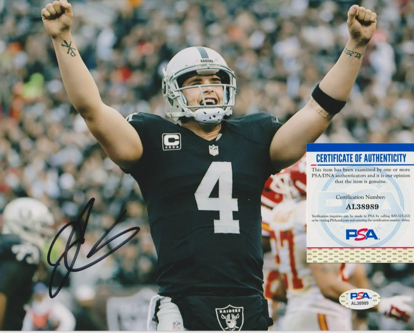Derek Carr Autographed Signed Las Vegas Raiders Picture 8x10 Photo COA PSA/DNA 