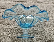 Mid Century Modern MCM Clear Turquiose Glass Compote Thick Glass Ruffle...