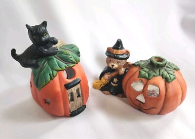 Vintage Bisque Porcelain Tealight Pumpkin, Black Cat Teddy Bear Witch Figurines