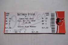 BALTIMORE ORIOLES VS RAYS 4/10/2016 FULL TICKET ~ DICKERSON/MACHADO HRs
