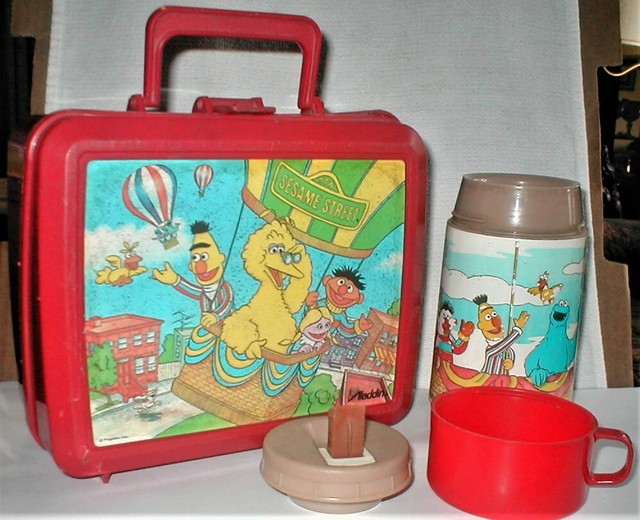 Vintage Sesame Street Plastic Lunch Box with Thermos, Red Aladdin Brand