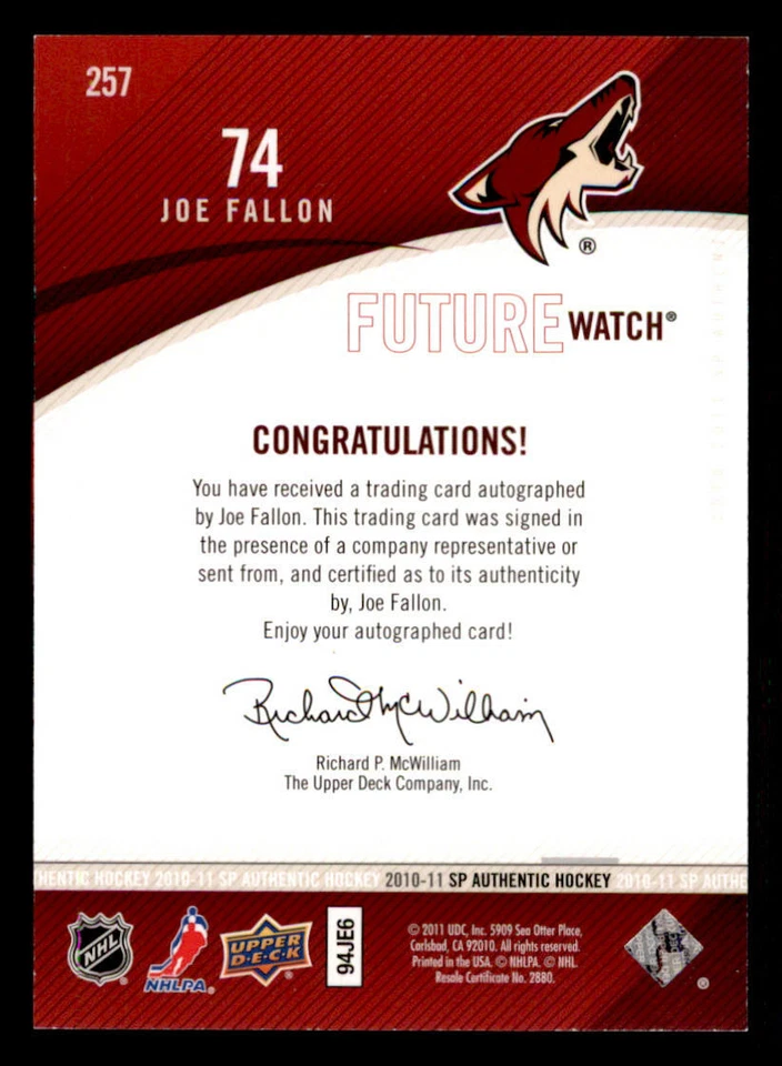 2010-11 SP Authentic #257 Joe Fallon AU RC /999 (ref 239710) - Image 2 of 2