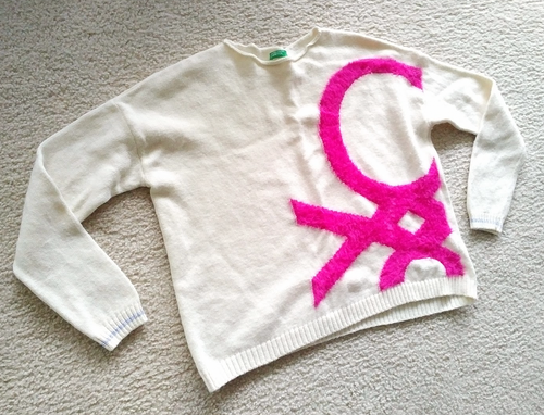 Benetton Pullover Hot Pink Logo Creme Elfenbein Rundhals Langarm Kinder XL Damen S - Bild 3 von 17