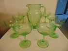 ANCHOR HOCKING Cameo Green Ballerina Champagne Tall Sherbet Set of 8 & Pitcher