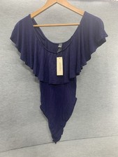 Francesca s Womens Small Navy Bodysuit Elegant Ruffle Off the Shoulder