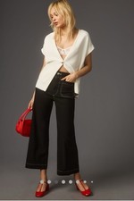 Anthropologie The Colette Contrast Stitch Cropped Wide Leg Pants Size 27 Black