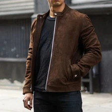Men’s Brown Suede Leather Jacket Cafe Racer Slim Fit Casual Biker Moto Zip Front