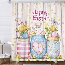 Easter Shower Curtain Spring Bunny Floral Waterproof Fabric Bath 72x72 Inch