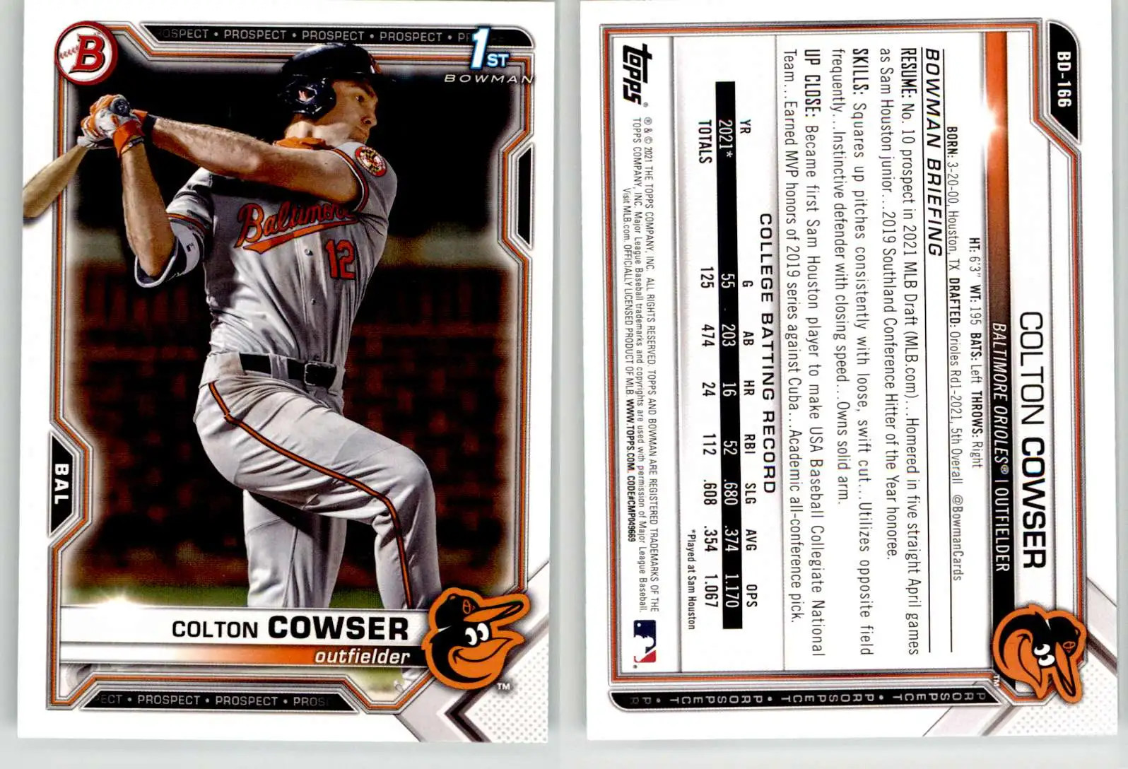 Colton Cowser 2021 Bowman Draft BD-166 Orioles 1st
