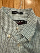 Kirkland Signature Light Blue Green Check Non-Iron Dress Shirt Mens 17 - 36