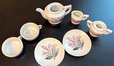 White Floral Ceramic Tea Set 7pc Glossy Round kids Teapot Cups Saucers