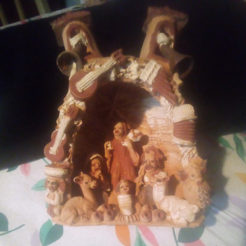 Clay Pottery Nativity Folk Art Manger Scene, Handcrafted  7"