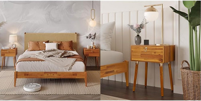 Stylish  Selina Queen Bed Frame & Alden Solid Wood Nightstand Set, Caramel