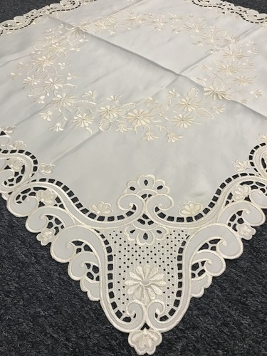 Solid Beige Ivory Cream Off White Embroidered 33" Embroidery Tablecloth Square - Picture 5 of 6