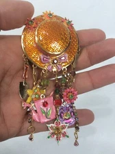 Statement LATR 2GO Lunch At The Ritz Enamel Gardening Hat Pendant Pin Brooch