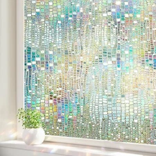 Window Privacy Film: 3D Stained Glass Holographic Window 17.5 x 78.7 IN Rainbow