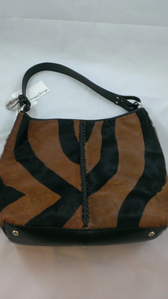 Nuevo Bolso Cartera Beverly Feldman Negro Tostado Marrón Animal Piel de Tigre Piel Nuevo con Etiquetas