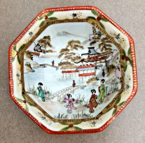 Antique Kutani Style Nippon Noritake Hand-Painted Octagonal Porcelain Bowl