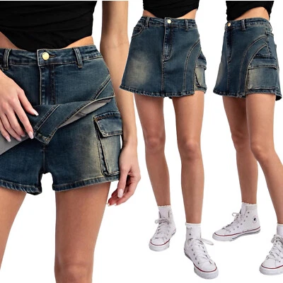 Pantaloncini Cargo Femme Denim Taille Haute, Zip, Bleu, Neuf - Photo 1/4