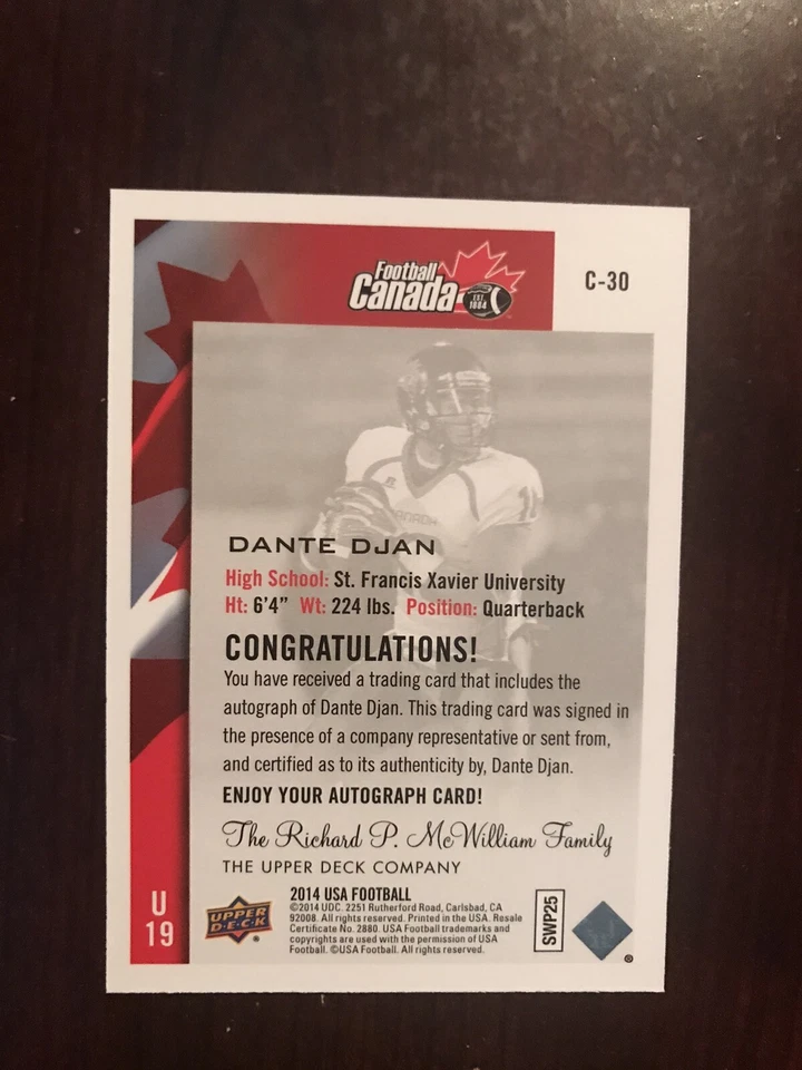 2014 Upper Deck USA Football Team Canada Autographs #C30 - Dante Djan (Autograph - Image 2 of 2
