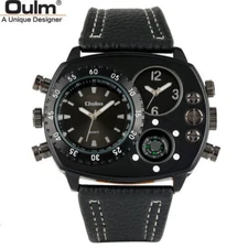 OULM 9865 Men Watch Military Sport Quartz Watches Leather Band Dual Time Compass