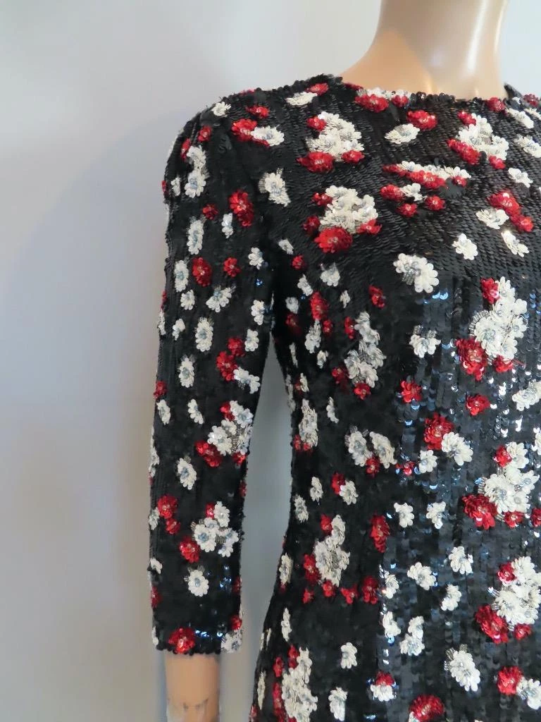 Abito VALENTINO nero rosso bianco paillettes e perline floreale taglia US 6