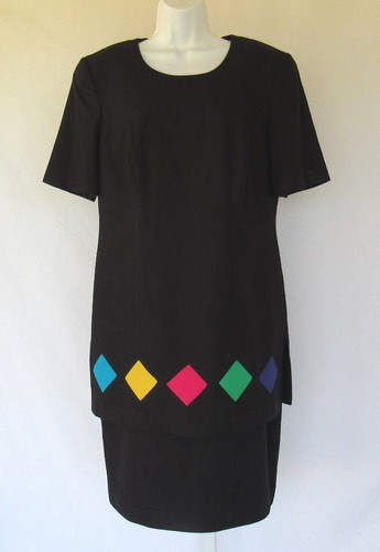 VINTAGE 1970s 80s JUNNIETTE BLACK OVERLAY DRESS SIZE 12 COLORED DIAMONDS RAYON - Picture 2 of 12