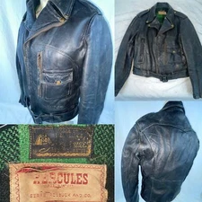 VTG 50S S SEARS HERCULES PLAID LINED DPOCKET HORSEHIDE LEATHER MOTORCYCLE JACKET