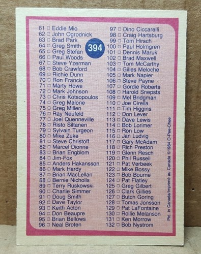 1984-85 O-Pee-Chee Hockey Checklist #394 Trading Card - Picture 2 of 5