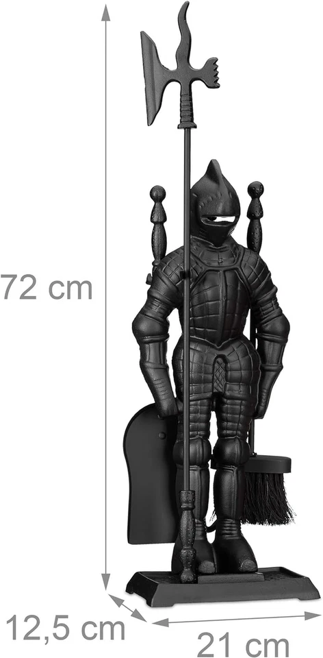 Relaxdays Accessori Da Camino Con Cavaliere, Set Da 4, in Ghisa, Paletta, Scopin - Immagine 4 di 4