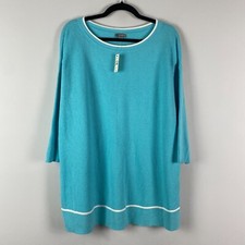 Talbots Sweater Womens 2X Blue Turquoise White Trim 3/4 Sleeves