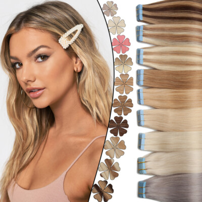 100% Echthaar Russisch Tape In Extensions Haarverlängerung 10-60 Tresse Glatt DE