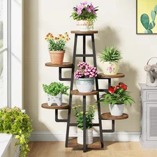Wellston 43.3 In. Rustic Brown Rectangle Wood Indoor Plant Stand with 7 Tier, Ta