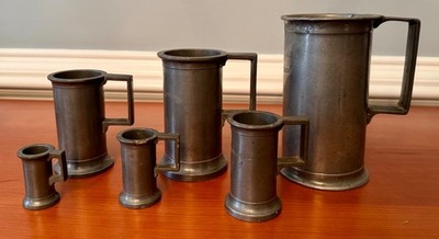 Antique French PEWTER Graduated Measuring MUG TANKARD STEINS - Set Of 6